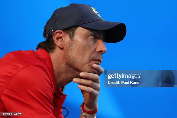 Marat Safin, captain of Team Russia looks on from the team zone during the Team Russia and Team Norway doubles match on day five of the 2020 ATP Cup...