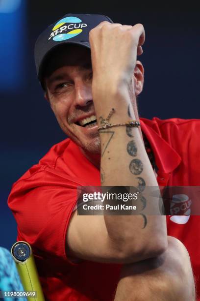 Marat Safin, captain of Team Russia talks to his players in the team zone during the Team Russia and Team Norway doubles match on day five of the...