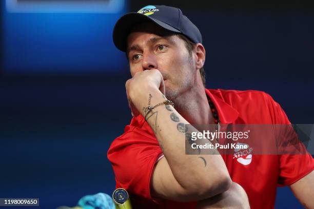 Marat Safin, captain of Team Russia talks to his players in the team zone during the Team Russia and Team Norway doubles match on day five of the...