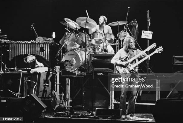 British guitarist Mike Rutherford and American drummer Chester Thompson of rock band Genesis rehearsing at the Rainbow Theatre in London, UK, January...