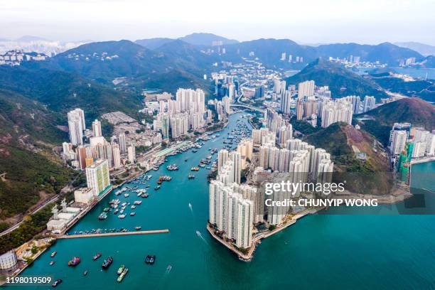drone view of aberdeen, hong kong - floating on water stock pictures, royalty-free photos & images