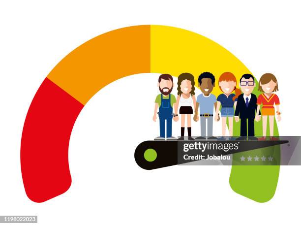 happy workers on a satisfaction quality meter - happy customer stock illustrations