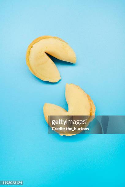 still life of two fortune cookies on blue background - wish fotografías e imágenes de stock