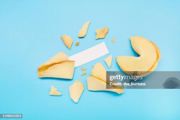 still life of fortune cookies with blank piece of paper on blue background - fortune cookie stock pictures, royalty-free photos & images