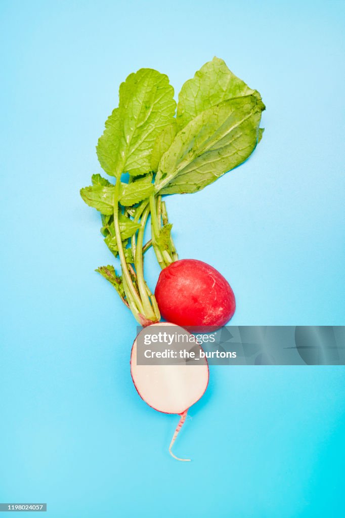 Still life of a sliced radish on blue background