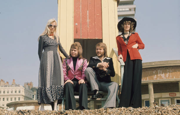Swedish pop group Abba, winners of the 1974 Eurovision Song Contest, pose on the beach on April 08, 1974 in Brighton, England.