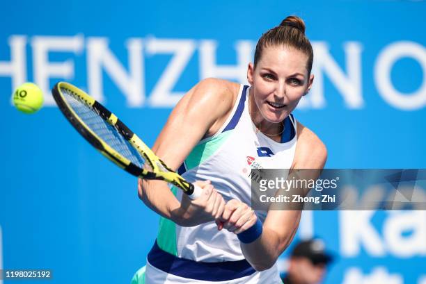 Kristyna Pliskova of the Czech Republic returns a shot during the match against Aryna Sabalenka of Belarus on Day 3 of 2020 WTA Shenzhen Open at...