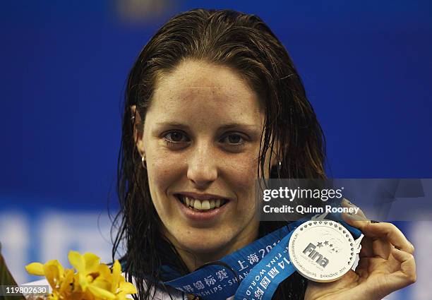 Silver medalist Alicia Coutts of Australia poses for a photo on the podium during the medal ceremony for the Women's 200m Individual Medley final...
