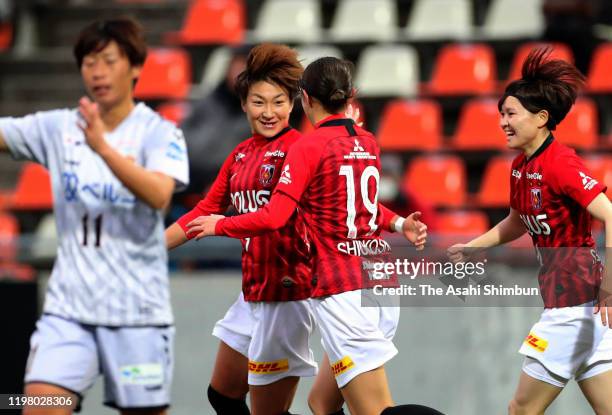 Yuika Sugasawa of Urawa Red Diamonds Ladies celebrates scoring her side's first goal with her team mates during the Empress Cup 41st JFA Women's...