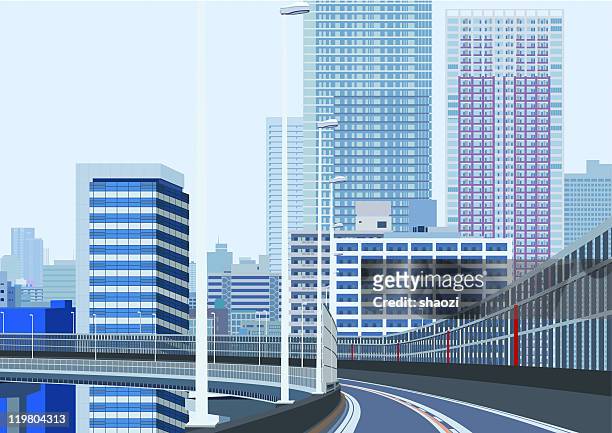 モダンな街のビルと highway - 壁　日本点のイラスト素材／クリップアート素材／マンガ素材／アイコン素材