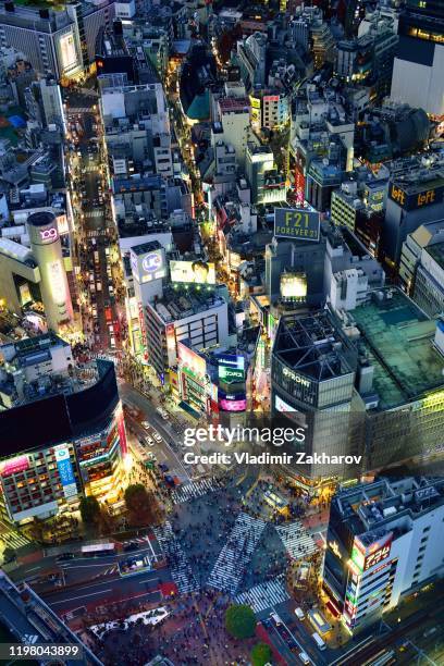 aerial view of shibuya crossing at night - shibuya crossing stock pictures, royalty-free photos & images