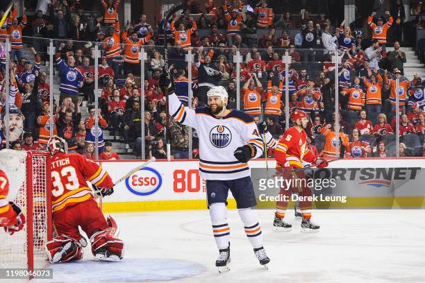 Zack Kassian of the Edmonton Oilers celebrates after scoring against the Calgary Flames during an NHL game at Scotiabank Saddledome on February 1,...