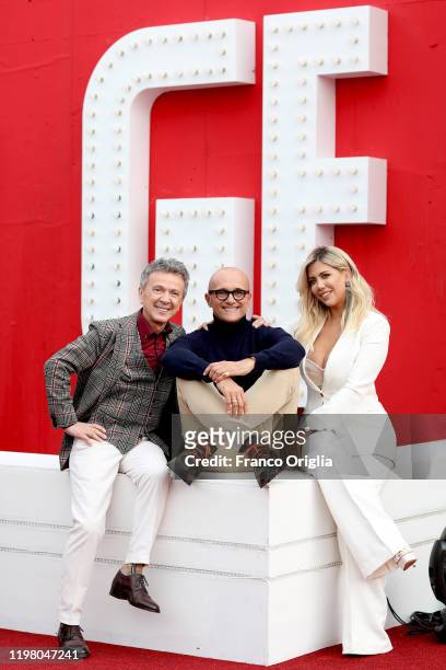 Pupo, Alfonso Signorini, and Wanda Nara attend the "Grande Fratello Vip" Photocall at Cinecittà Studios on January 07, 2020 in Rome, Italy.