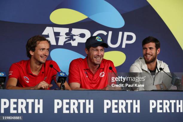 Daniil Medvedev, Marat Safin and Karen Khachanov of Team Russia address the media during day five of the 2020 ATP Cup Group Stage at RAC Arena on...
