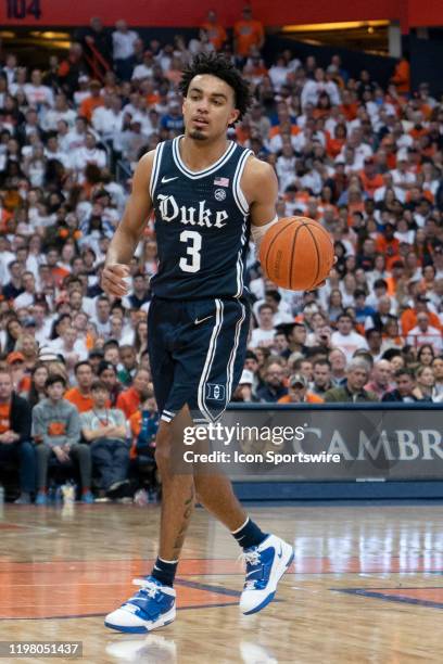 Duke Blue Devils Guard Tre Jones dribbles the ball during the second half of the College Basketball game between the Duke Blue Devils and the...