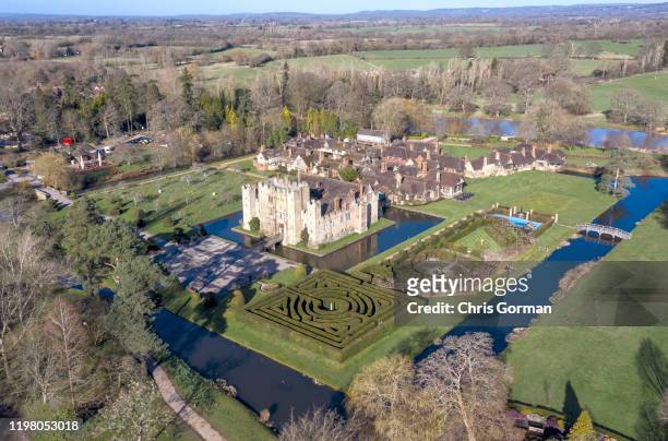 The maze at Hever Castle basks in the late winter sunshine on March 8, 2019 in Hever, United Kingdom. Hever is set in the glorious Kent countryside...