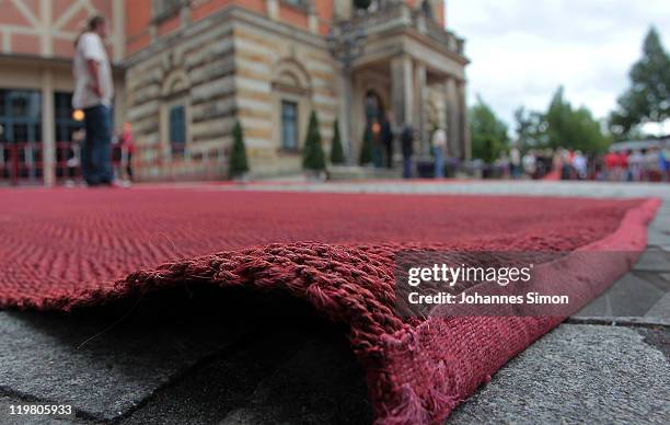 The red carpet in front of the Bayreuth opera house, seen ahead of the 100th Bayreuth festival premiere on July 25, 2011 in Bayreuth, Germany.