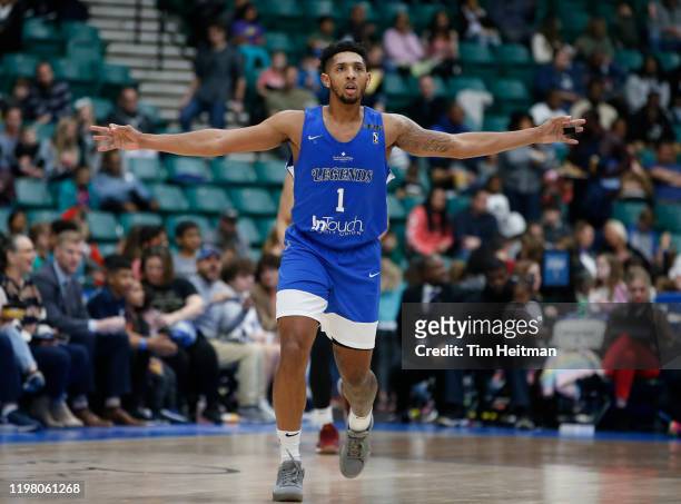 Cameron Payne of the Texas Legends celebrates scoring a three point basket during the third quarter against the Austin Spurs on February 01, 2020 at...