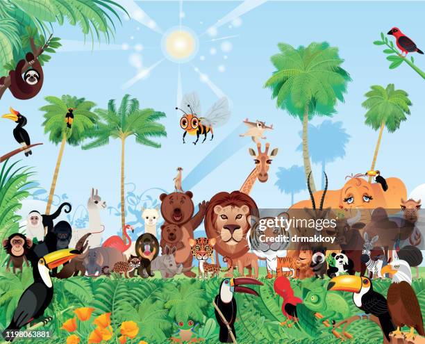 cute animals - jungle tree cartoon stock illustrations