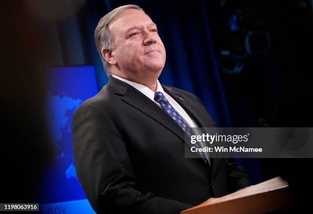 Secretary of State Mike Pompeo speaks at the U.S. State Department January 07, 2020 in Washington, DC. When questioned about the killing of Iranian...