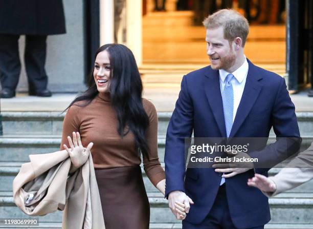 Meghan, Duchess of Sussex and Prince Harry, Duke of Sussex depart Canada House on January 07, 2020 in London, England.