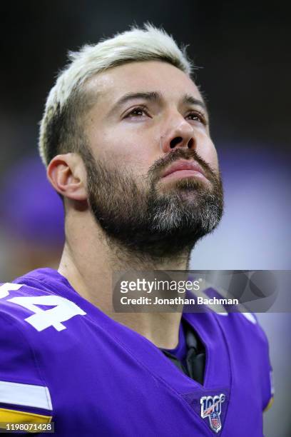 Andrew Sendejo of the Minnesota Vikings reacts against the New Orleans Saints during a game at the Mercedes Benz Superdome on January 05, 2020 in New...
