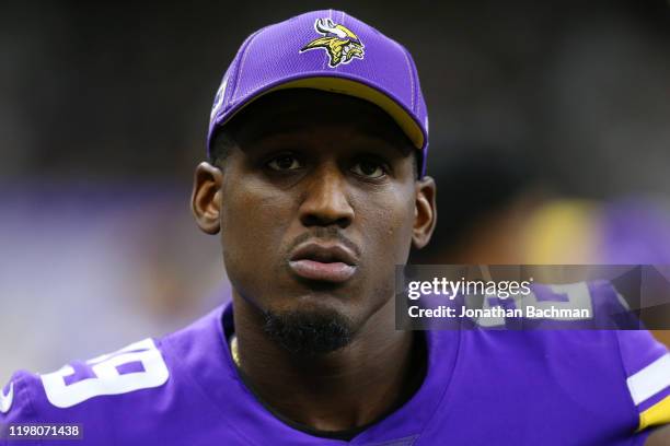 Xavier Rhodes of the Minnesota Vikings reacts against the New Orleans Saints during a game at the Mercedes Benz Superdome on January 05, 2020 in New...