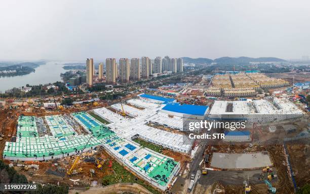 This aerial photo taken on February 2, 2020 shows the Huoshenshan hospital, which means "Fire God Mountain", after handed over to China's army in...