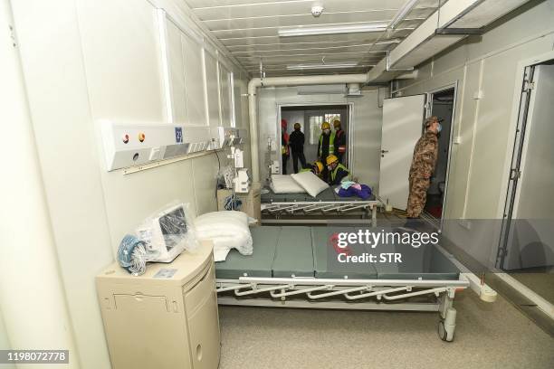 This photo taken on February 2, 2020 shows an inside view of the Huoshenshan hospital, which means "Fire God Mountain", after handed over to China's...