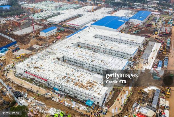 This aerial photo taken on February 2, 2020 shows the Huoshenshan hospital, which means "Fire God Mountain", after handed over to China's army in...