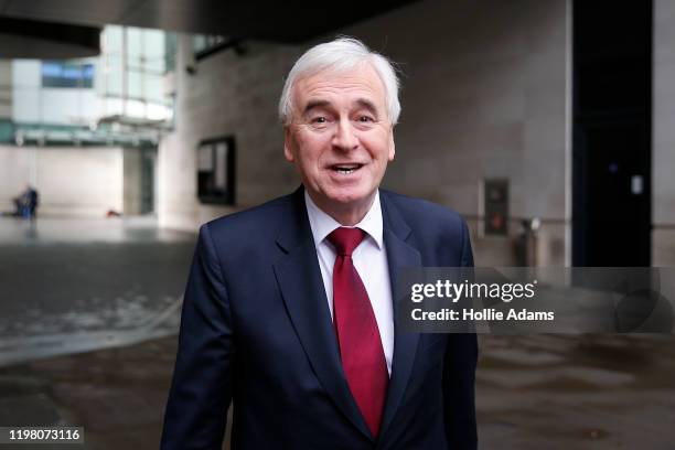 Shadow Chancellor of the Exchequer John McDonnell leaves after appearing on the Andrew Marr Show at BBC Television Centre on February 2, 2020 in...