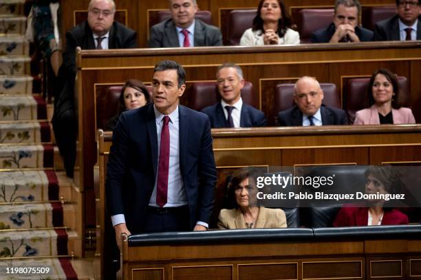 Spain's Prime Minister Pedro Sánchez announces his vote during the last day of the investiture debate at the Spanish Parliament on January 07, 2020...