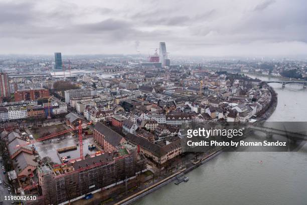 overcast aerial view of the city of basel - skyline basel fotografías e imágenes de stock