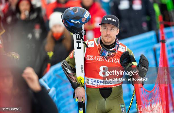 Ted Ligety of the United States reacts in the finish area during run 2 of the Audi FIS alpine ski world cup men's giant slalom on February 2, 2020 in...