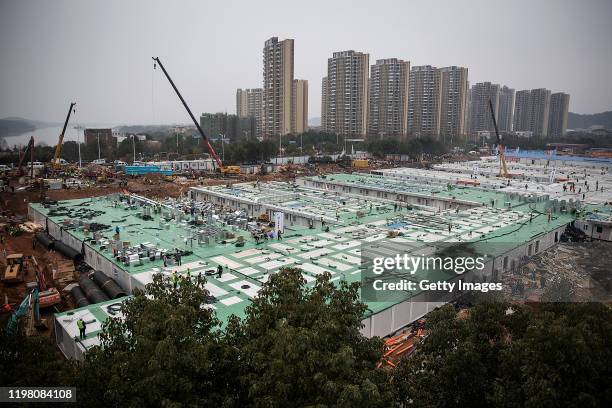 Huoshenshan Hospital construction nears completion on February 2, 2020 in Wuhan, China. The 25,000 square metre emergency specialty field hospital,...