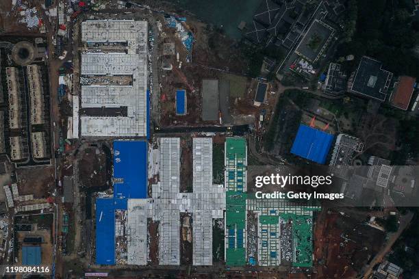 Huoshenshan Hospital construction nears completion on February 2, 2020 in Wuhan, China. The 25,000 square metre emergency specialty field hospital,...