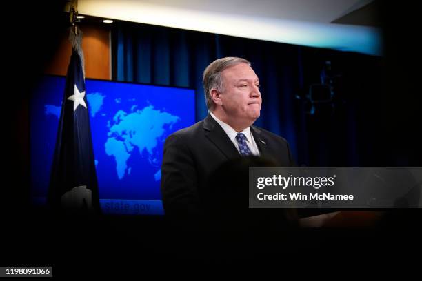 Secretary of State Mike Pompeo speaks at the U.S. State Department January 07, 2020 in Washington, DC. When questioned about the killing of Iranian...