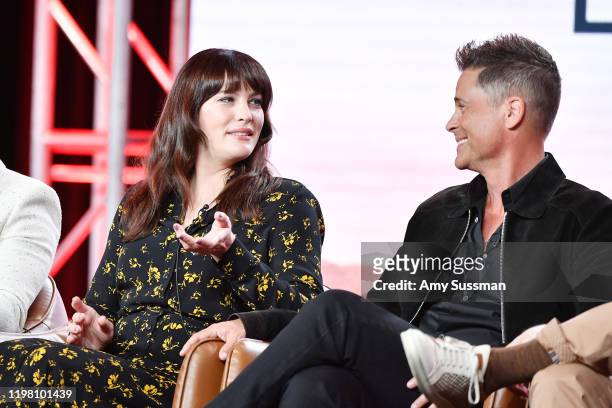 Liv Tyler and Rob Lowe of '9-1-1 Lone Star' speak during the Fox segment of the 2020 Winter TCA Press Tour at The Langham Huntington, Pasadena on...