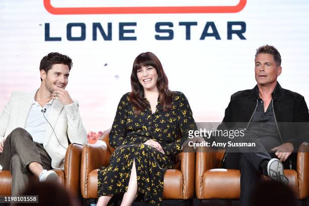 Ronen Rubinstein, Liv Tyler and Rob Lowe of '9-1-1 Lone Star' speak during the Fox segment of the 2020 Winter TCA Press Tour at The Langham...