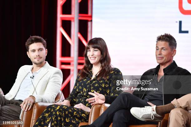 Ronen Rubinstein, Liv Tyler and Rob Lowe of '9-1-1 Lone Star' speak during the Fox segment of the 2020 Winter TCA Press Tour at The Langham...