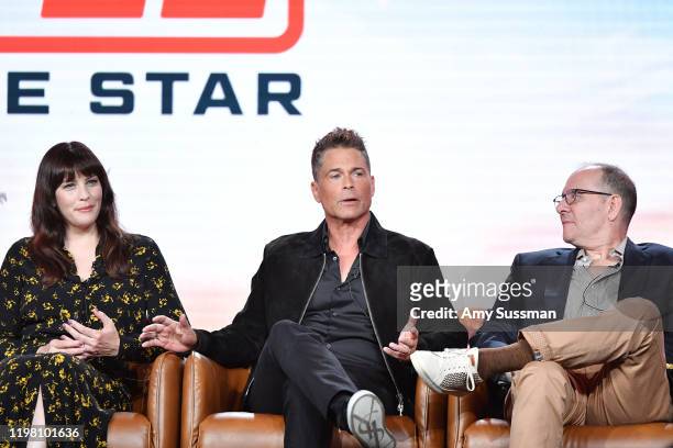 Liv Tyler, Rob Lowe and Tim Minear of '9-1-1 Lone Star' speak during the Fox segment of the 2020 Winter TCA Press Tour at The Langham Huntington,...