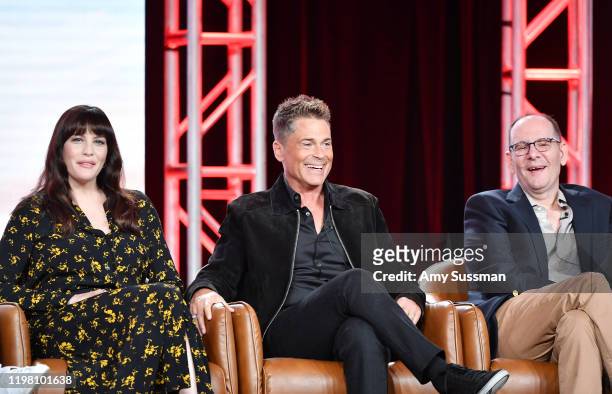 Liv Tyler, Rob Lowe and Tim Minear of '9-1-1 Lone Star' speak during the Fox segment of the 2020 Winter TCA Press Tour at The Langham Huntington,...