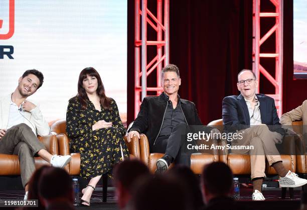 Ronen Rubinstein, Liv Tyler, Rob Lowe and Tim Minear of '9-1-1 Lone Star' speak during the Fox segment of the 2020 Winter TCA Press Tour at The...