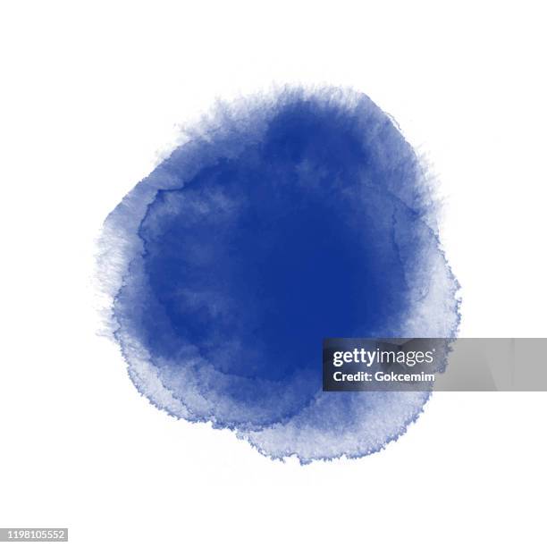navy blue watercolor circle splash isolated on white background. border of hues of blue paint splashing droplet. watercolor strokes design element. navy blue colored hand painted abstract texture. - dark blue watercolor stock illustrations