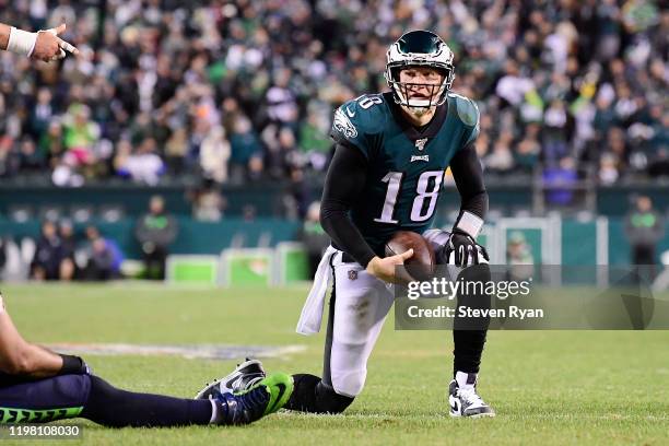 Josh McCown of the Philadelphia Eagles reacts against the Seattle Seahawks in the NFC Wild Card Playoff game at Lincoln Financial Field on January...