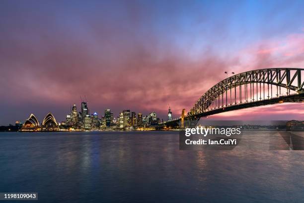 sydney opera house and harbor bridge, sydney, australia (sunset) - sydney financial district stock pictures, royalty-free photos & images