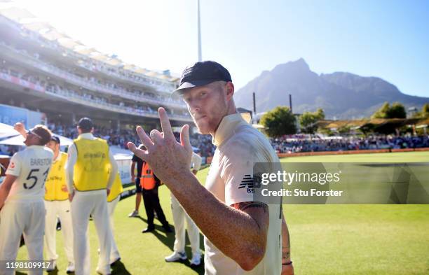 England player Ben Stokes celebrates after Day Five of the Second Test between South Africa and England at Newlands on January 07, 2020 in Cape Town,...