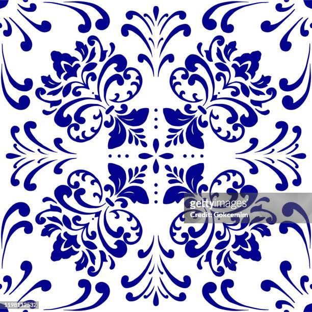 vector tile pattern, lisbon arabic floral mosaic, mediterranean navy blue ornament. - decorating stock illustrations