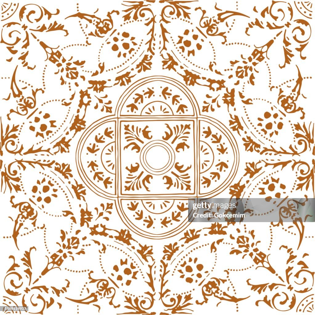 Hand Painted Brown Bohemian Tile. Vector Tile Pattern, Lisbon Arabic Floral Mosaic, Mediterranean Ornament, Geometric Folklore Ornament. Tribal Ethnic Vector Texture.