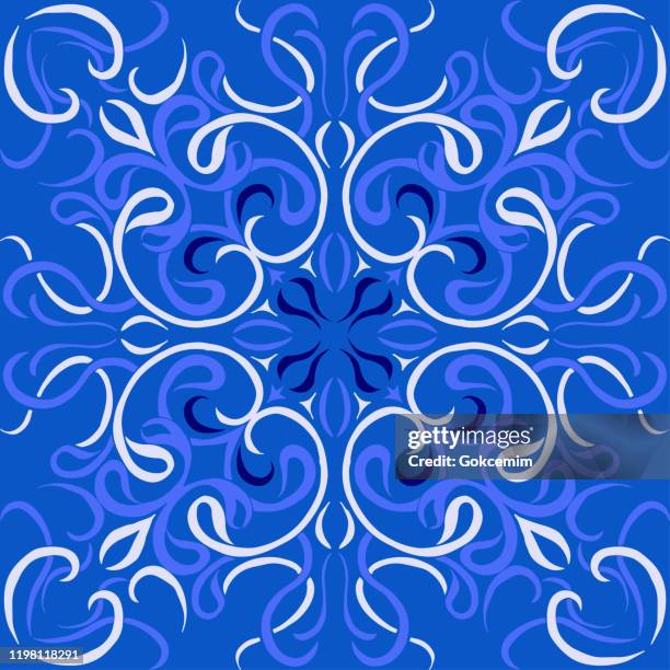 vector tile pattern, lisbon arabic floral mosaic, mediterranean navy blue ornament. - paint swatch decorating samples stock illustrations